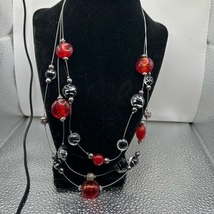 NWOT  Beautiful Red and Black and Clear Sea glass type Necklace 12”Length